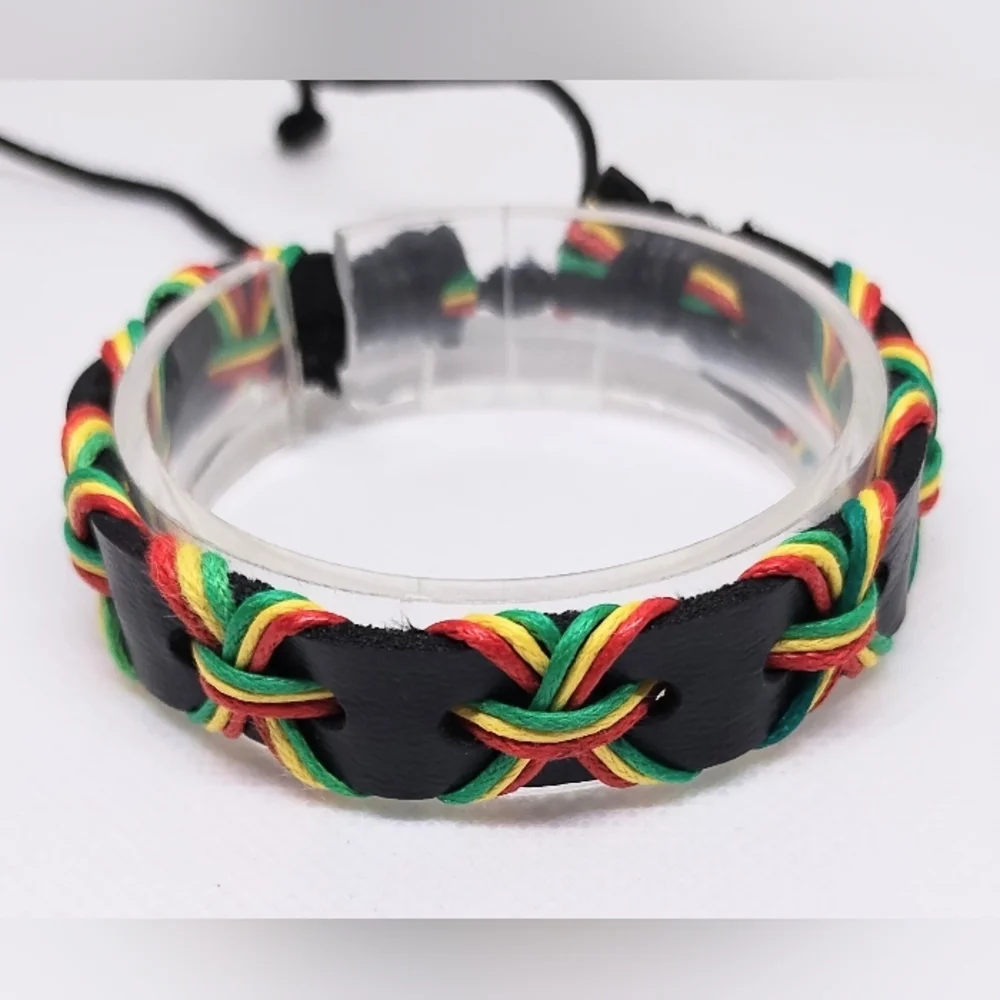 Men's Bracelet Leather Braided Black‎ New f69